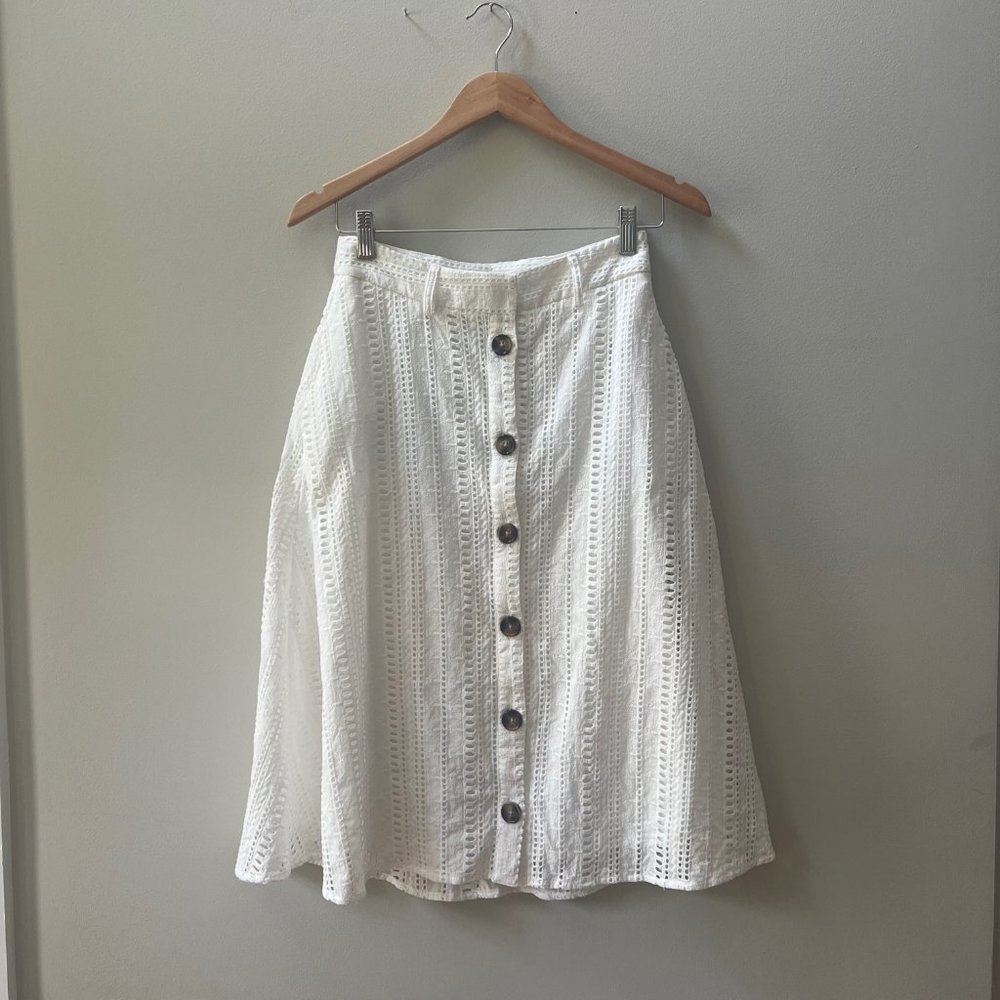 White Eyelet Button-Front Midi Skirt